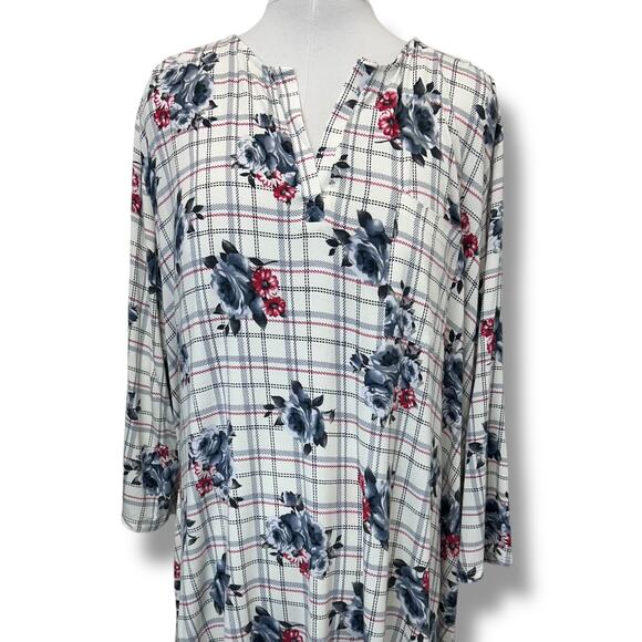 Como Vintage Womens 3X Plaid Floral V-Neck Tunic Top - Picture 2 of 10